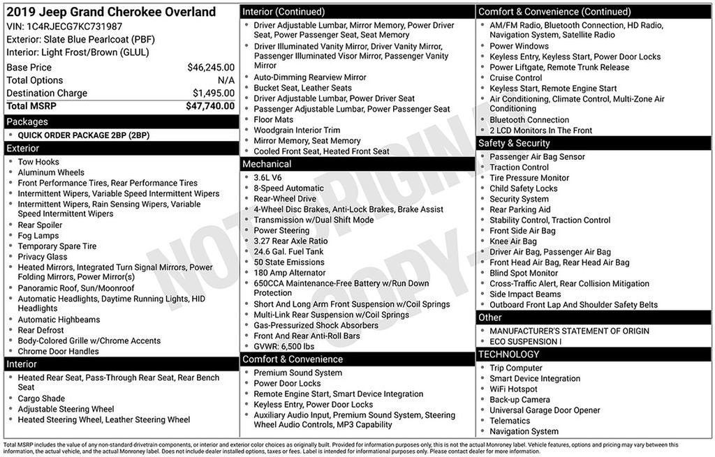 2019 Jeep Grand Cherokee Overland 4x2