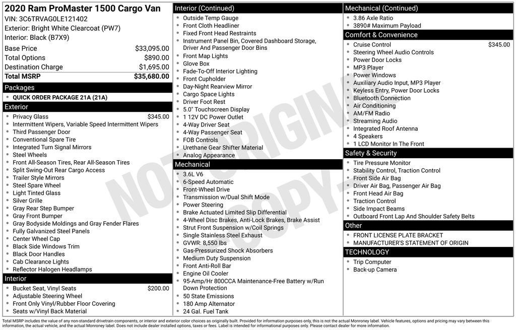 2020 RAM ProMaster 1500 Cargo Van Low Roof 136" WB