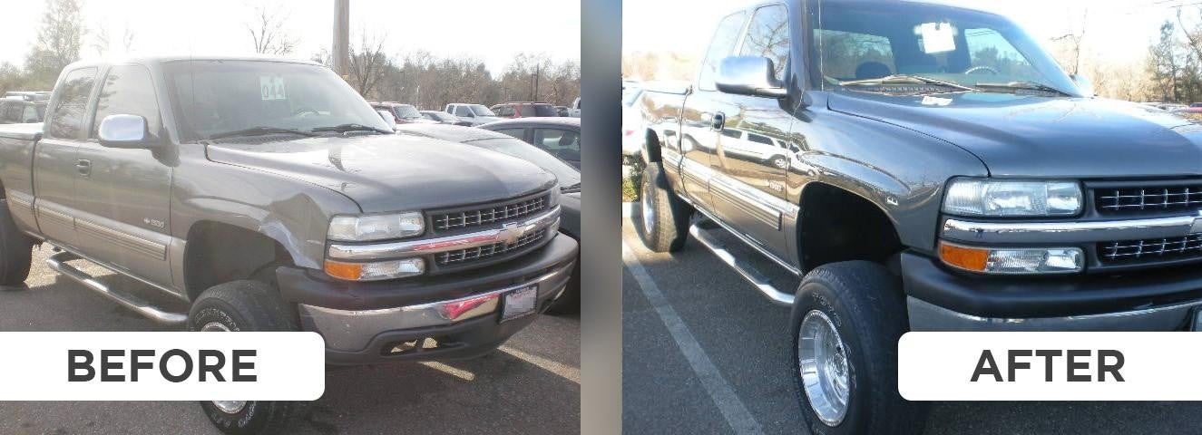 Before and after image of a dent in truck
