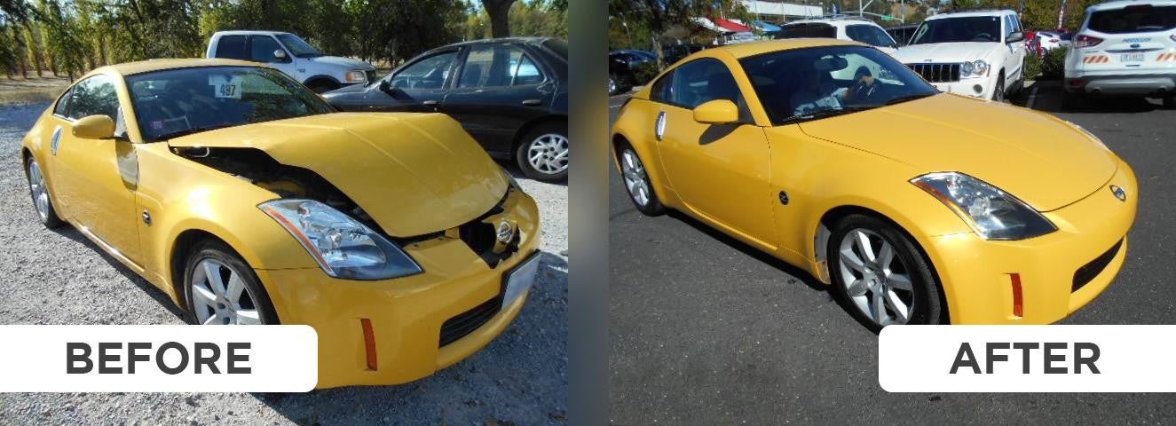 Before and after image of a car’s wrecked front end